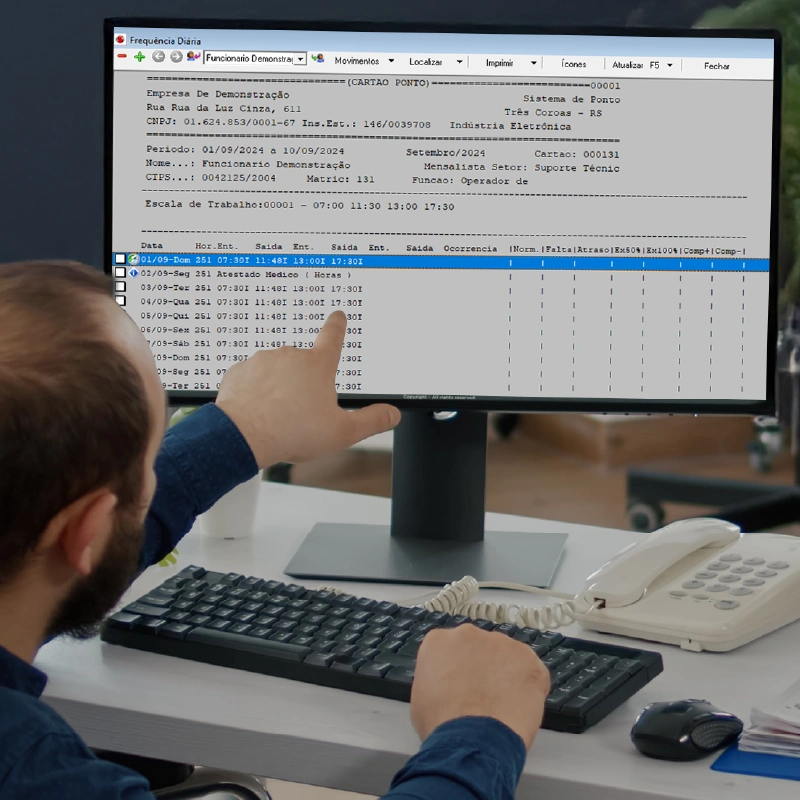 Homem analisando dados de ponto em um computador.